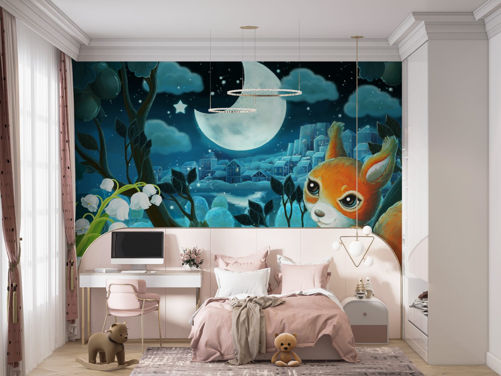 Фотошпалери білка милується місяцем, що сяє над містом