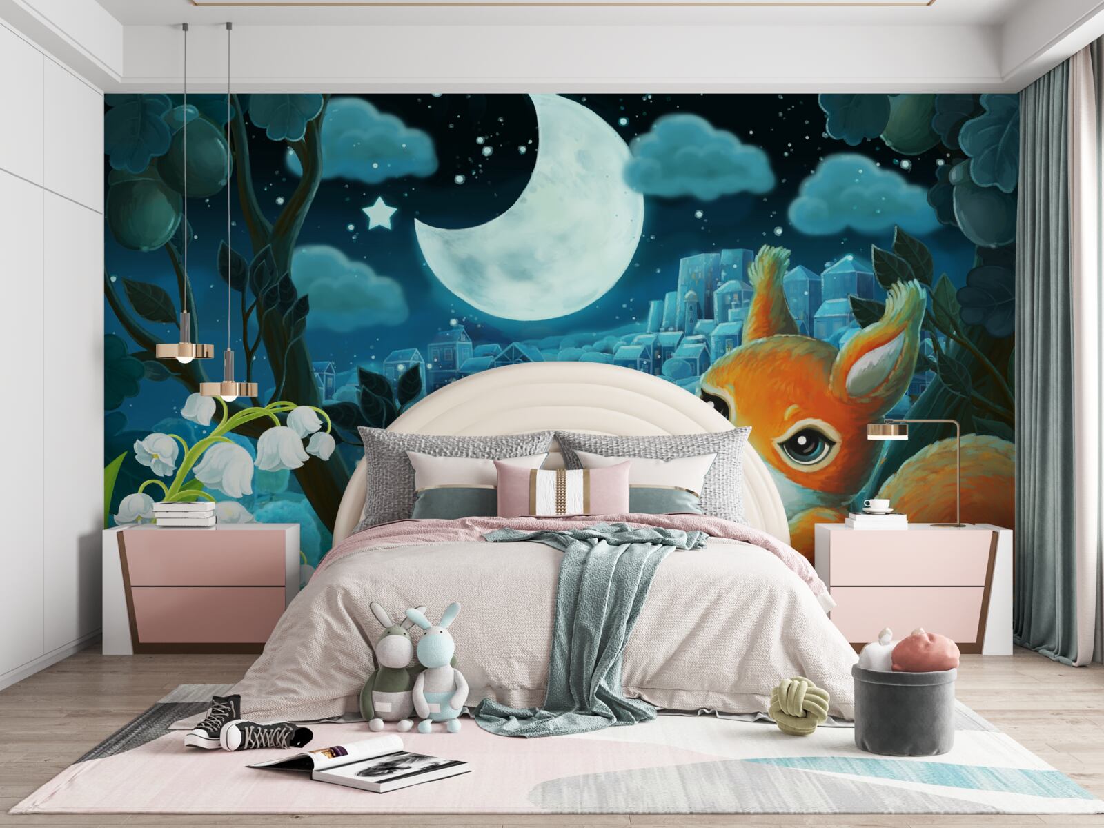 Фотошпалери білка милується місяцем, що сяє над містом