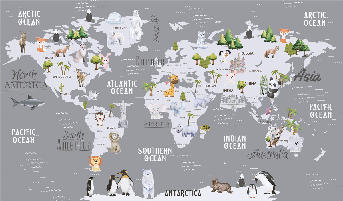Фотошпалери карта світу з основними мешканцями та визначними пам'ятками