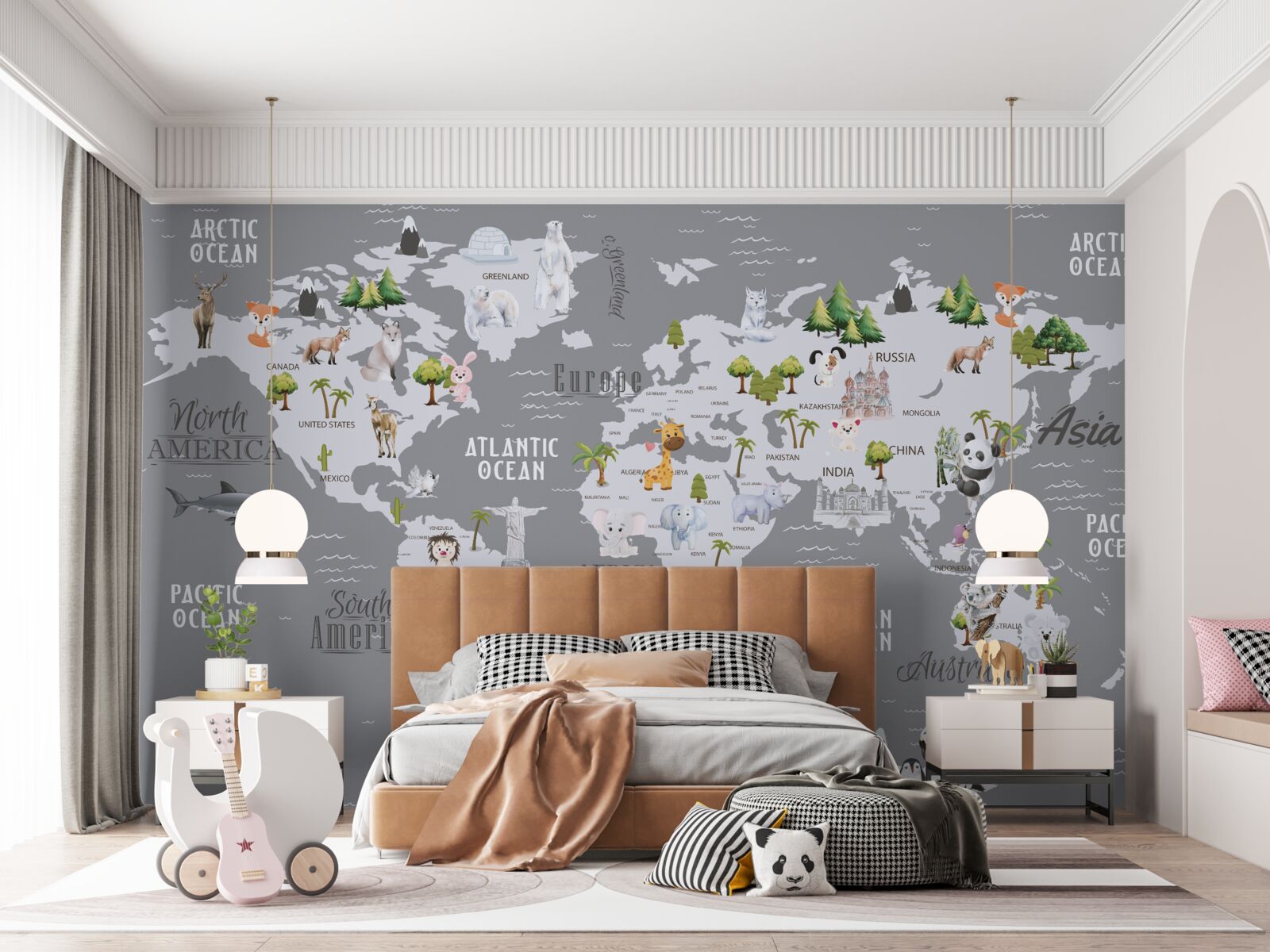 Фотошпалери карта світу з основними мешканцями та визначними пам'ятками