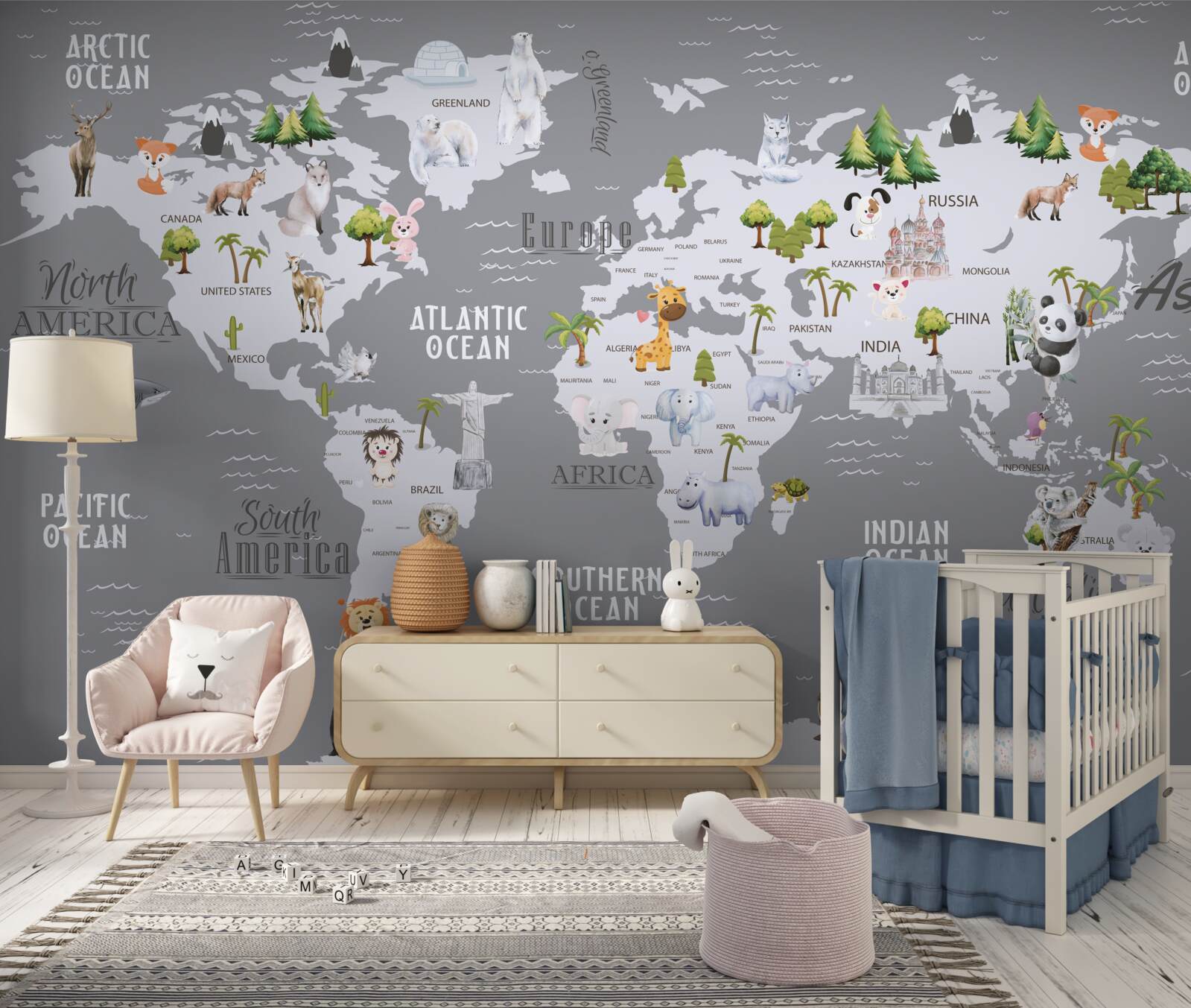 Фотошпалери карта світу з основними мешканцями та визначними пам'ятками