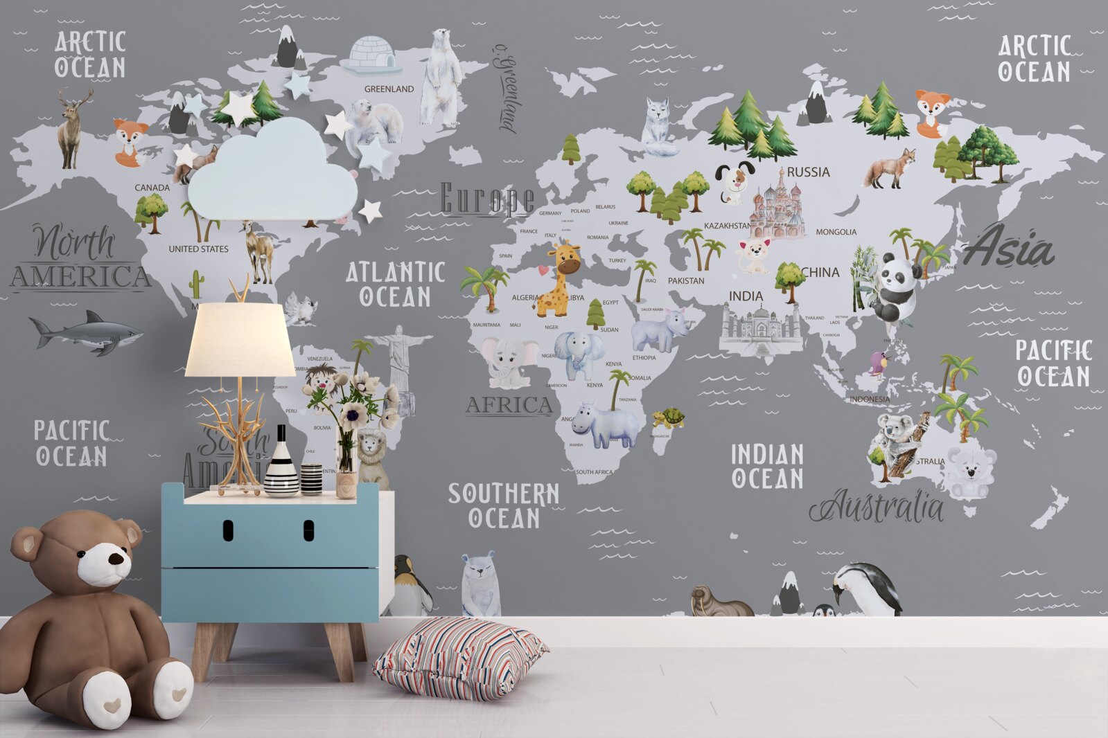 Фотошпалери карта світу з основними мешканцями та визначними пам'ятками