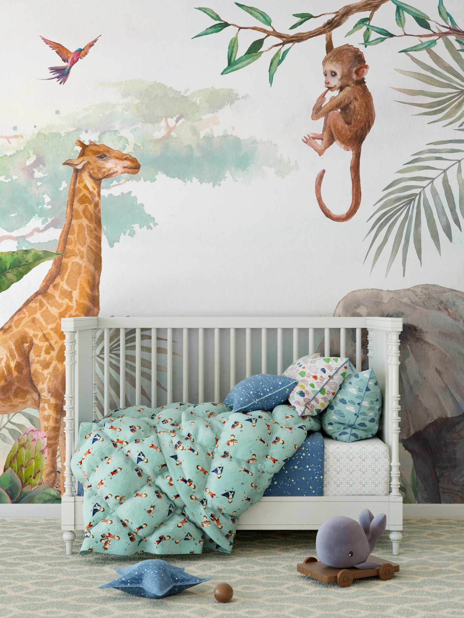 Фотошпалери Жирафа милується мавпою на дереві