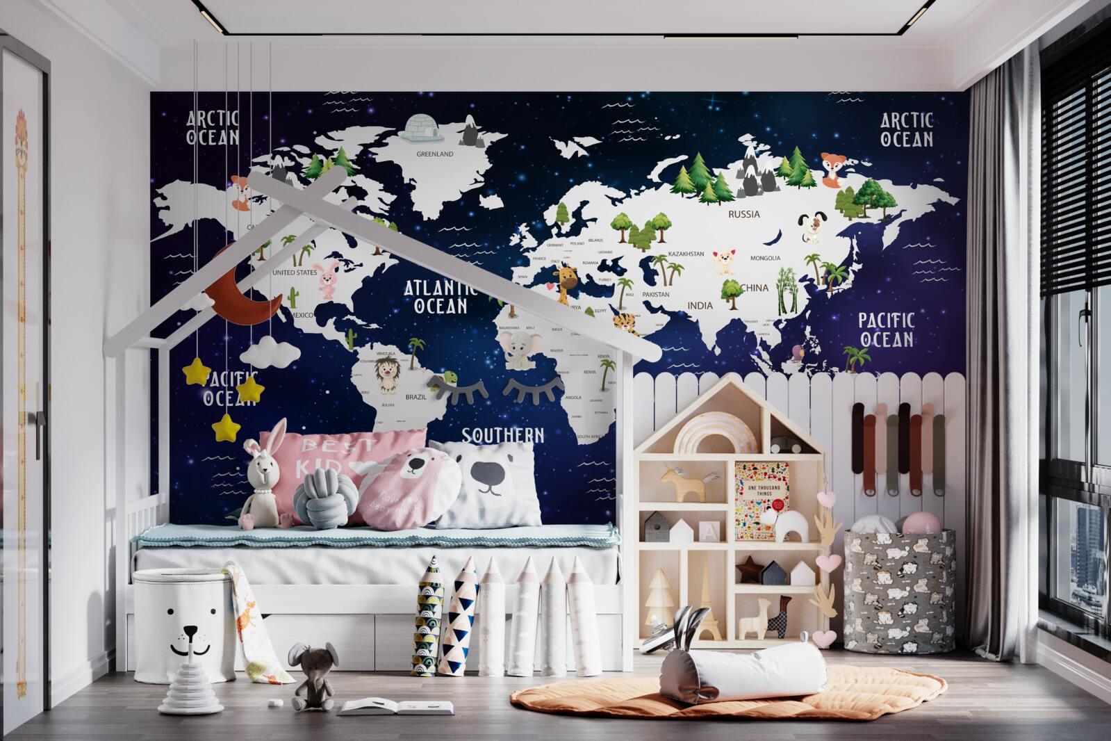 Фотошпалери нічна карта світу з позначеними океанами