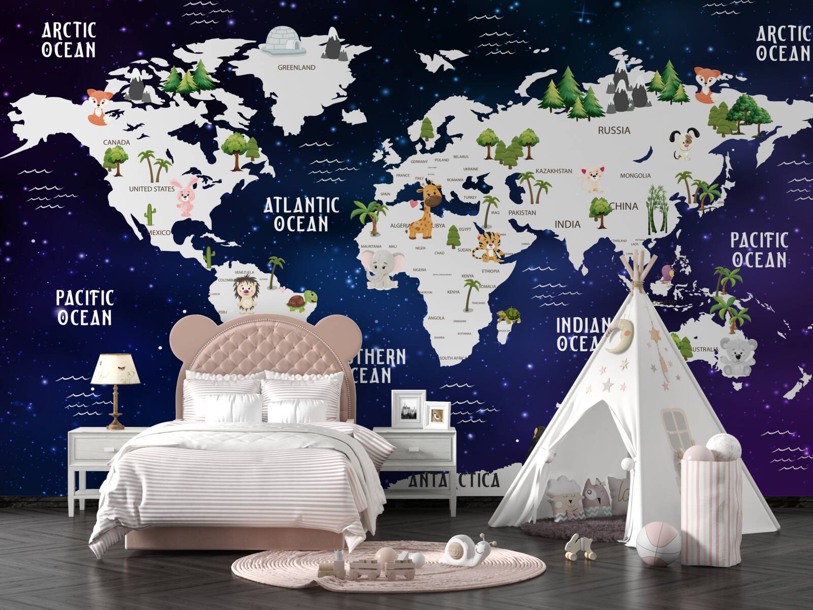 Фотошпалери нічна карта світу з позначеними океанами