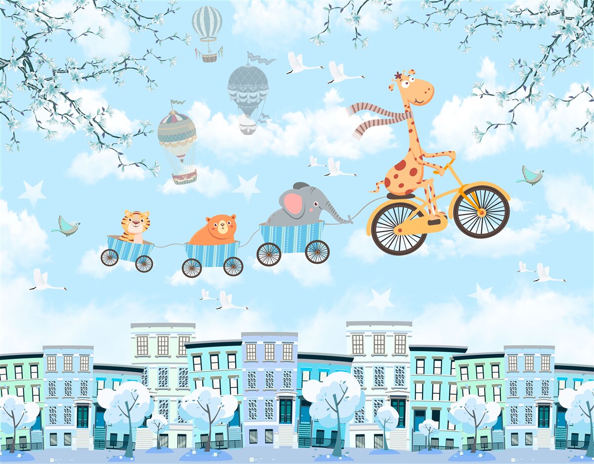 Фотошпалери група юних друзів з жирафом повертається додому