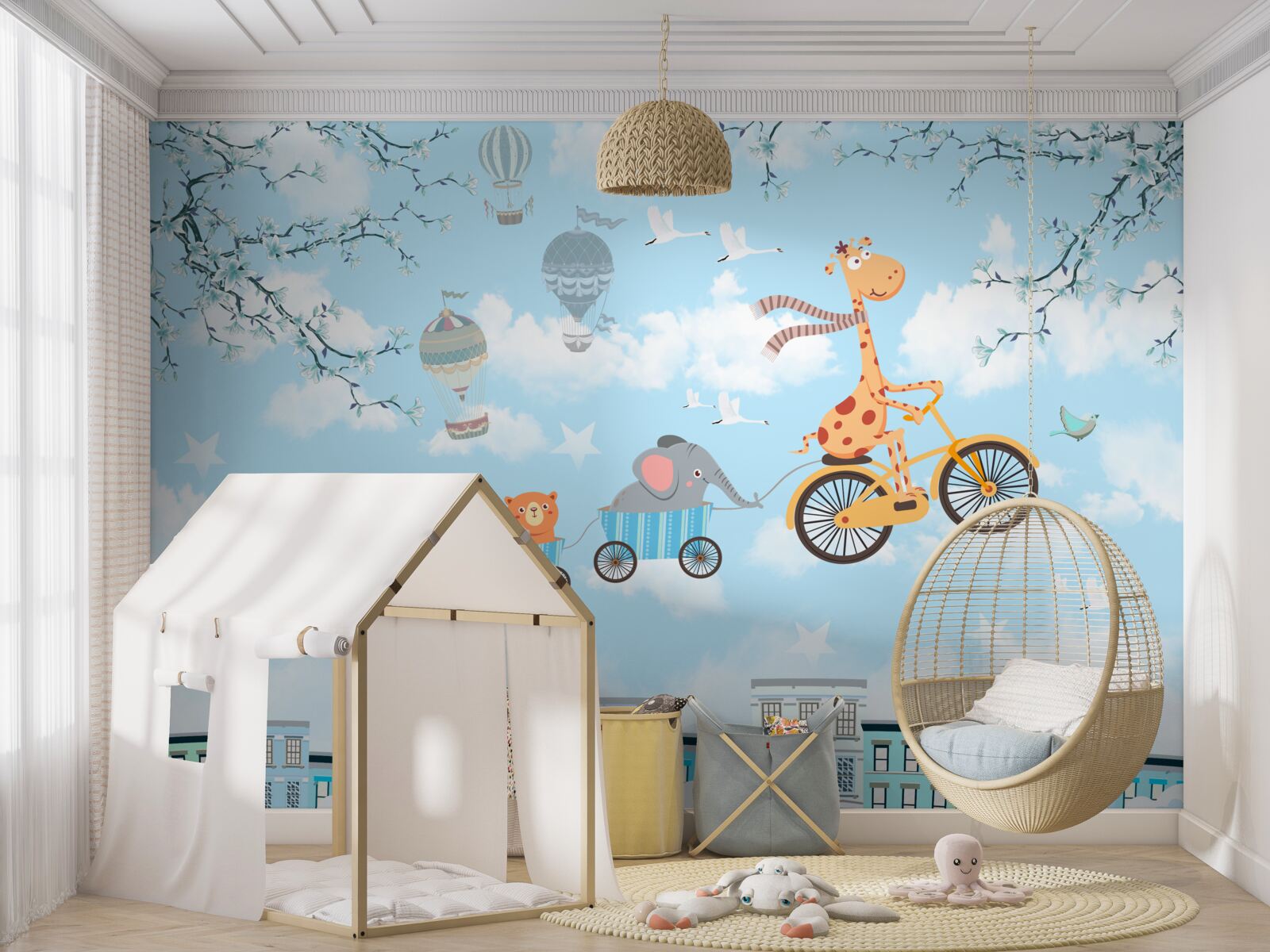 Фотошпалери група юних друзів з жирафом повертається додому