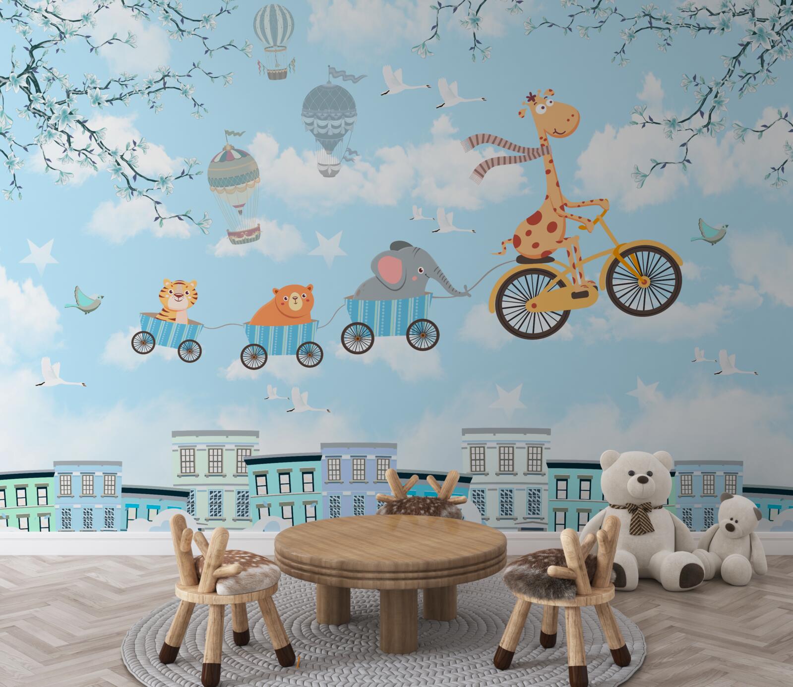 Фотошпалери група юних друзів з жирафом повертається додому