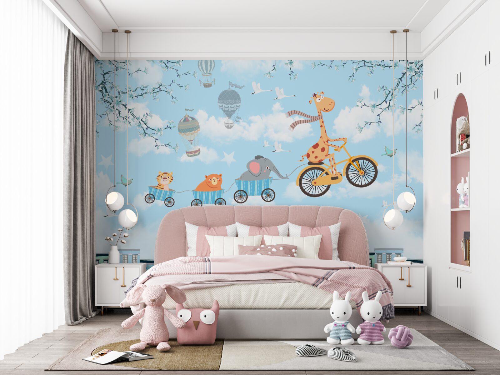 Фотошпалери група юних друзів з жирафом повертається додому