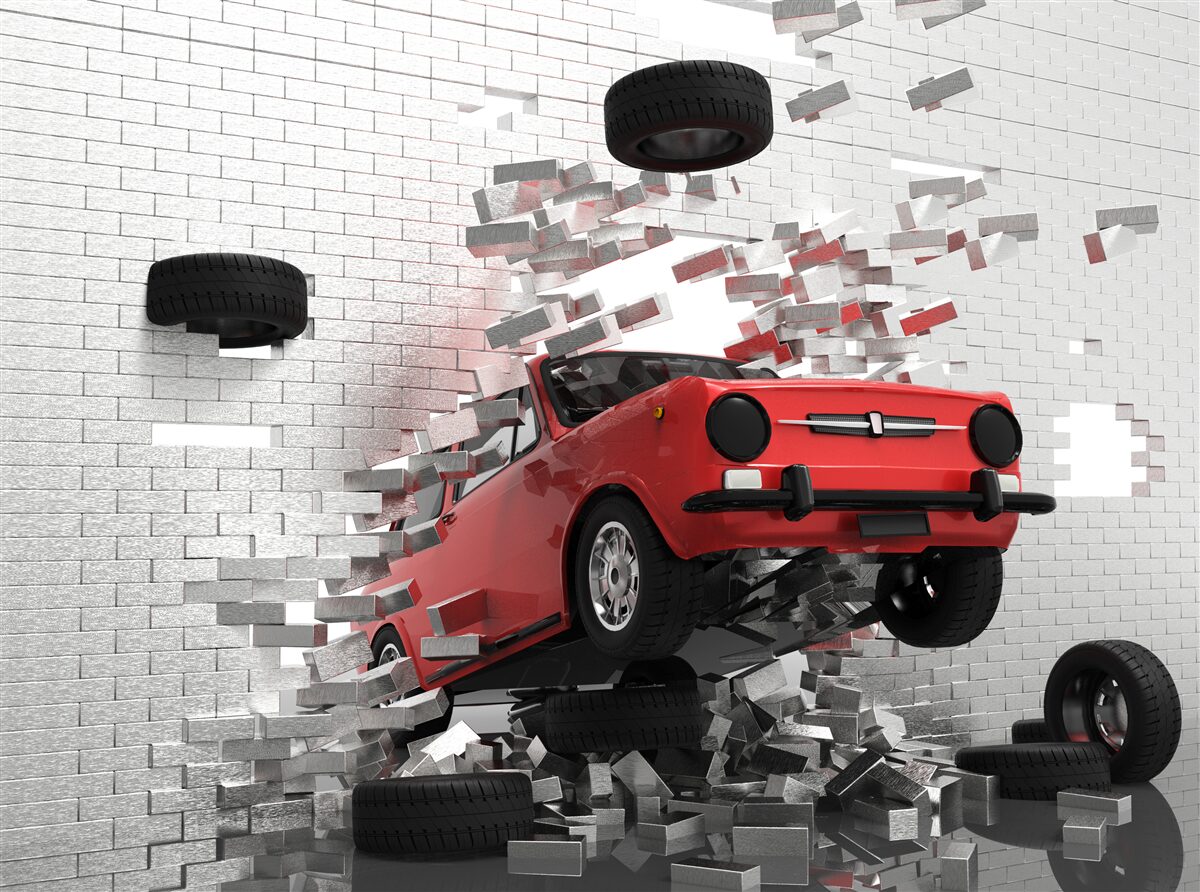 Фотошпалери автомобіль пробиває цегляну стіну