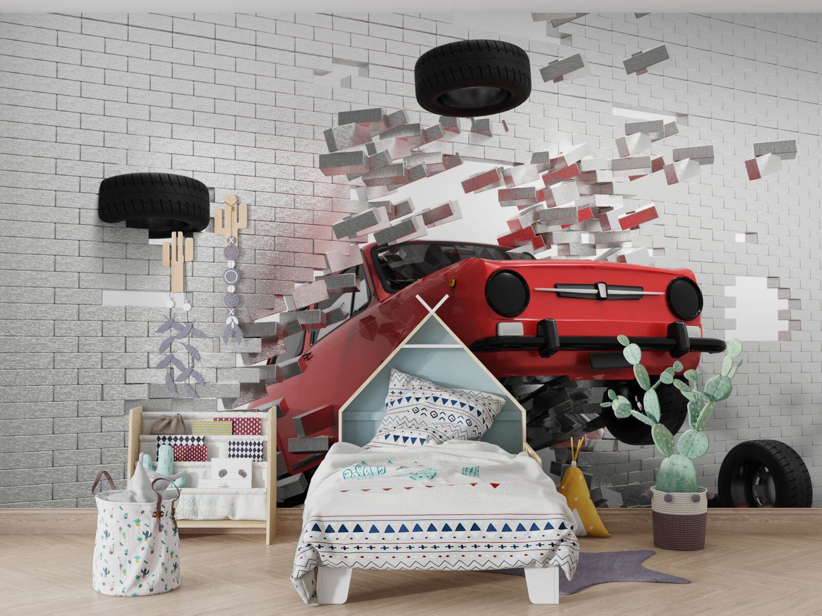 Фотошпалери автомобіль пробиває цегляну стіну