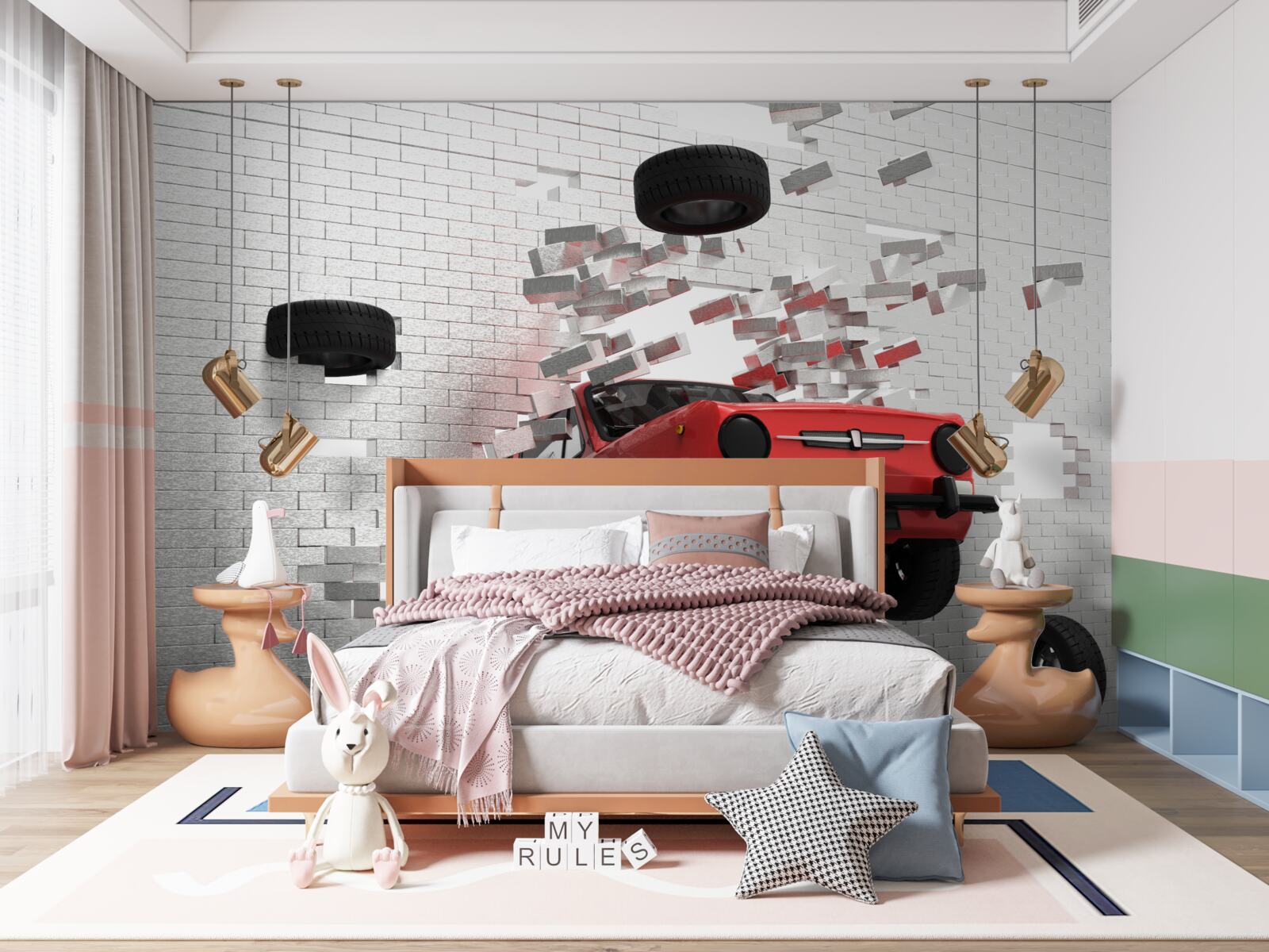 Фотошпалери автомобіль пробиває цегляну стіну