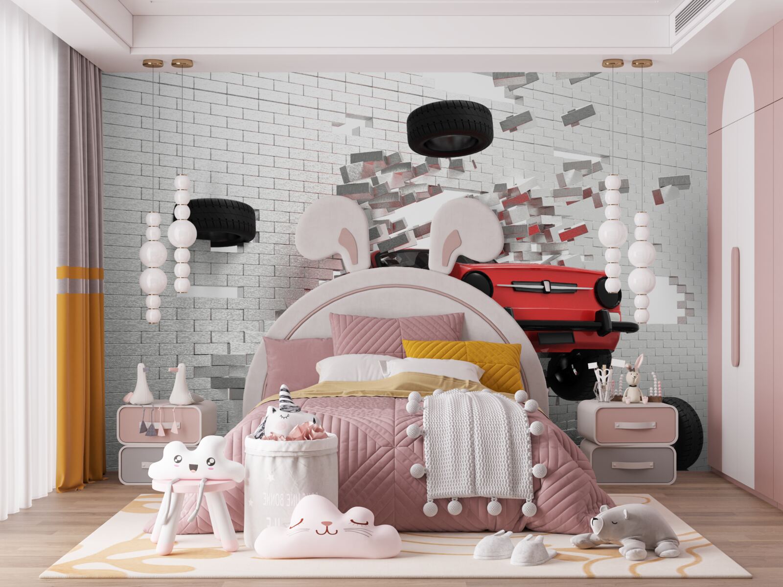 Фотошпалери автомобіль пробиває цегляну стіну