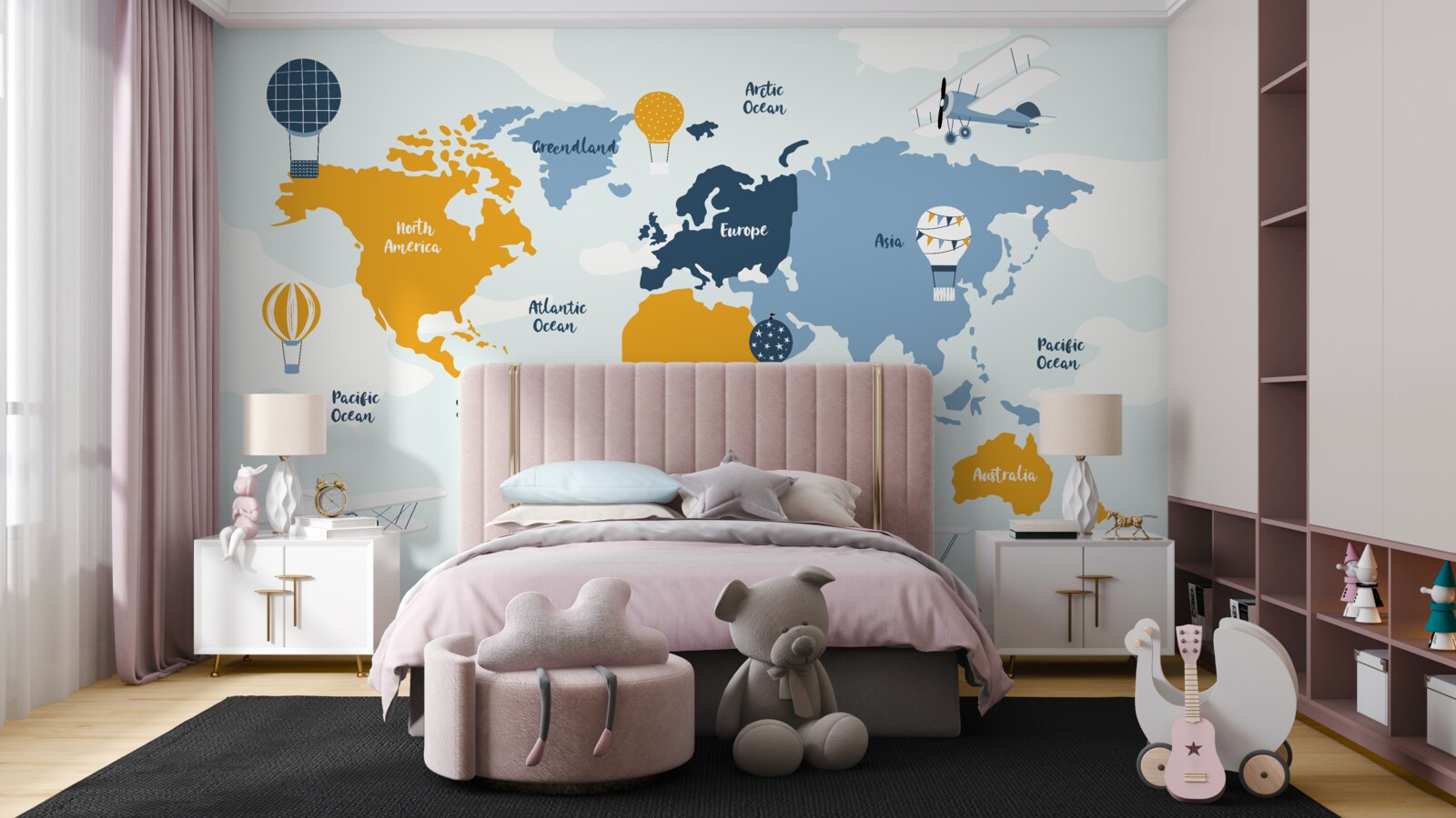 Фотошпалери карта світу з кольоровими назвами континентів