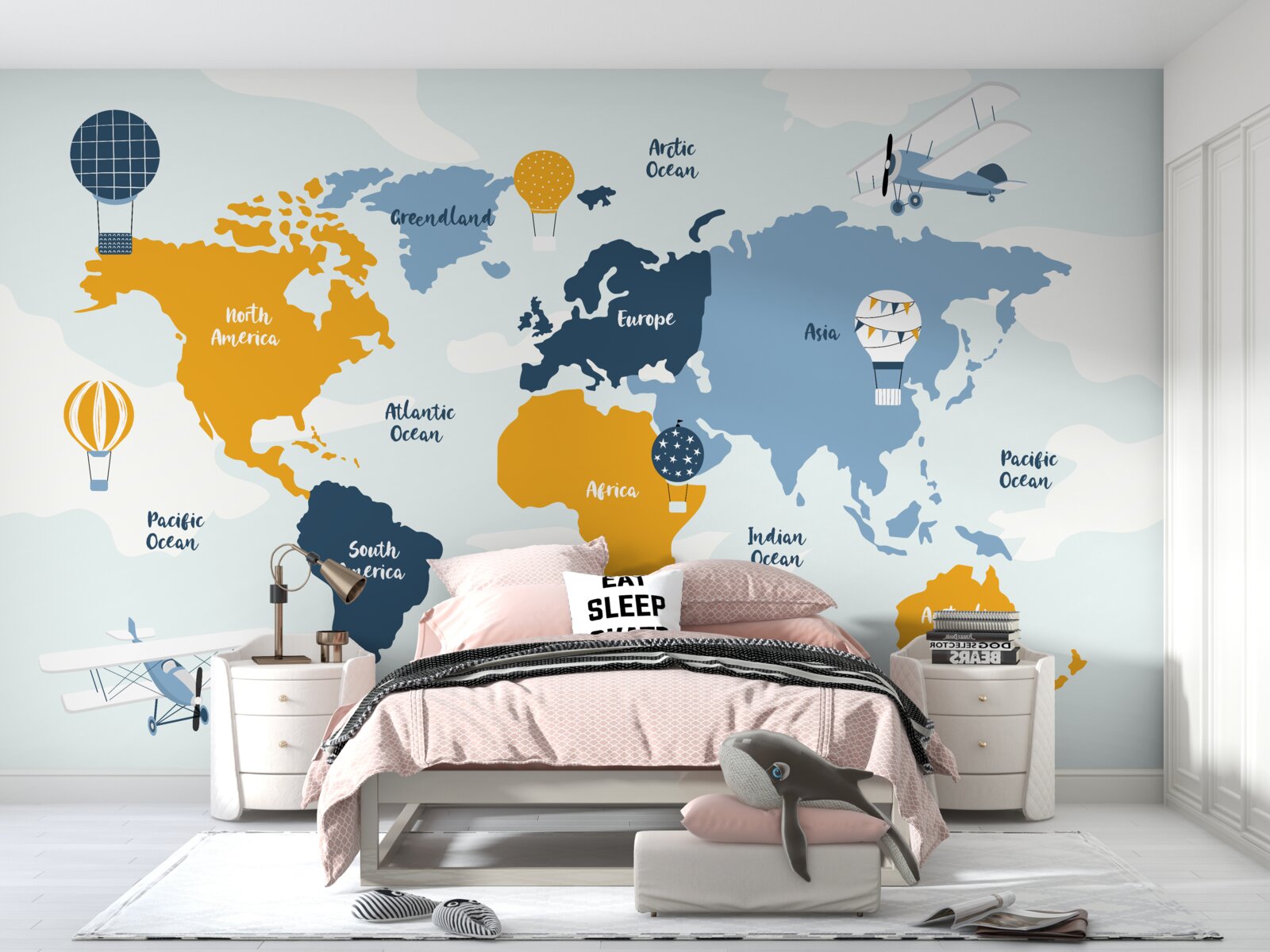 Фотошпалери карта світу з кольоровими назвами континентів