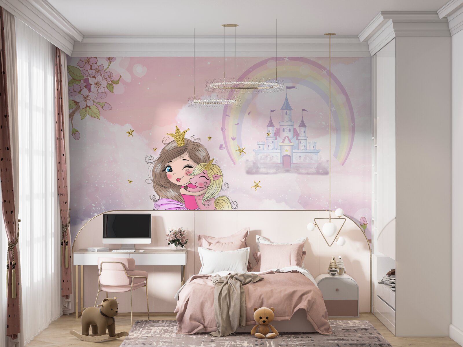 Фотошпалери біля замку живе фея та її друг-єдиноріг