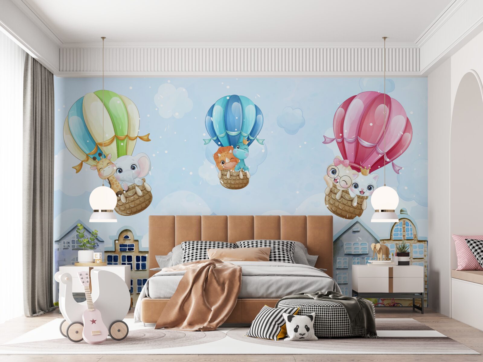 Фотошпалери тварини літають над містом, балансуючи на кулях