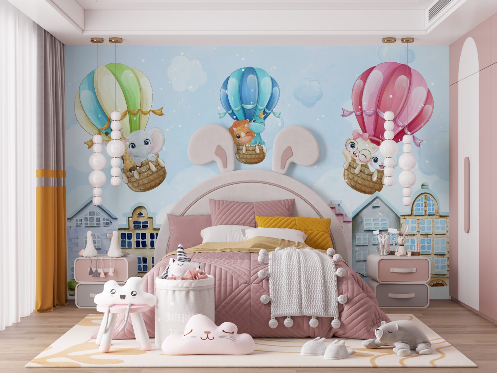 Фотошпалери тварини літають над містом, балансуючи на кулях