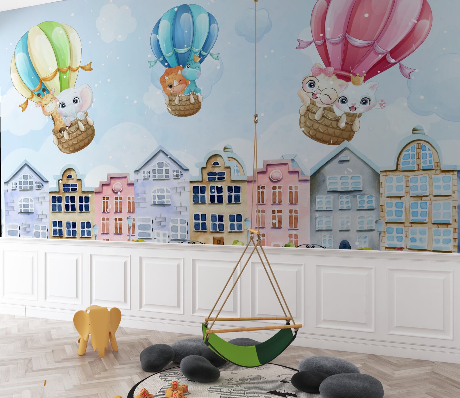 Фотошпалери тварини літають над містом, балансуючи на кулях