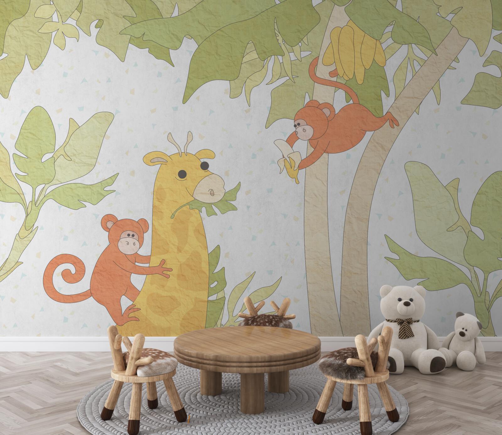 Фотошпалери Жирафа годують мавпи