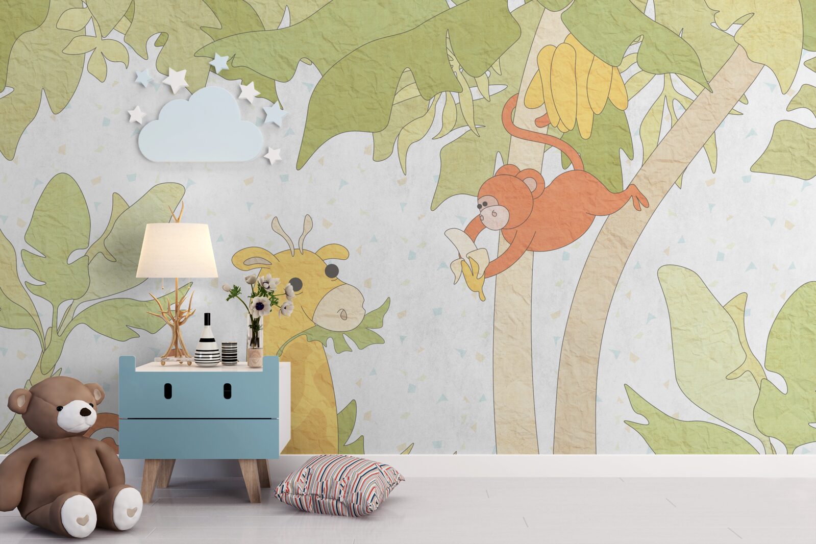 Фотошпалери Жирафа годують мавпи