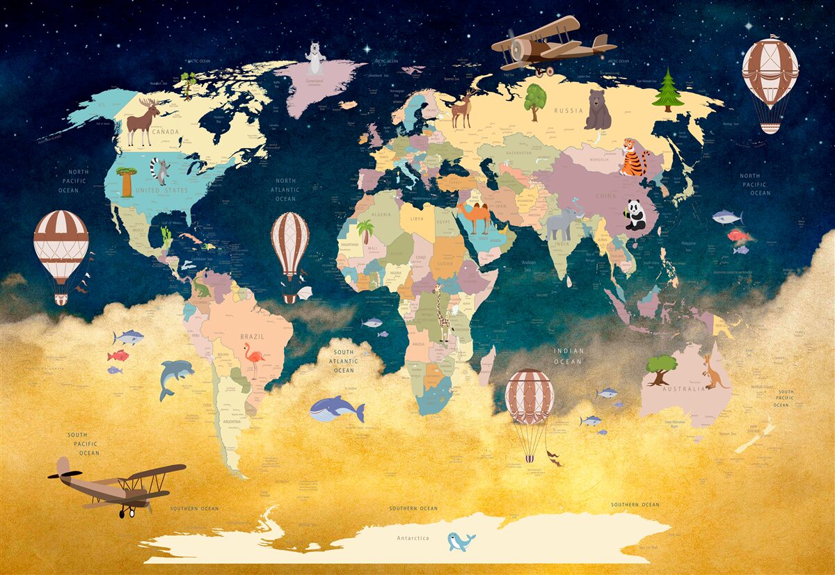 Фотошпалери карта світу в синьо-жовтих кольорах