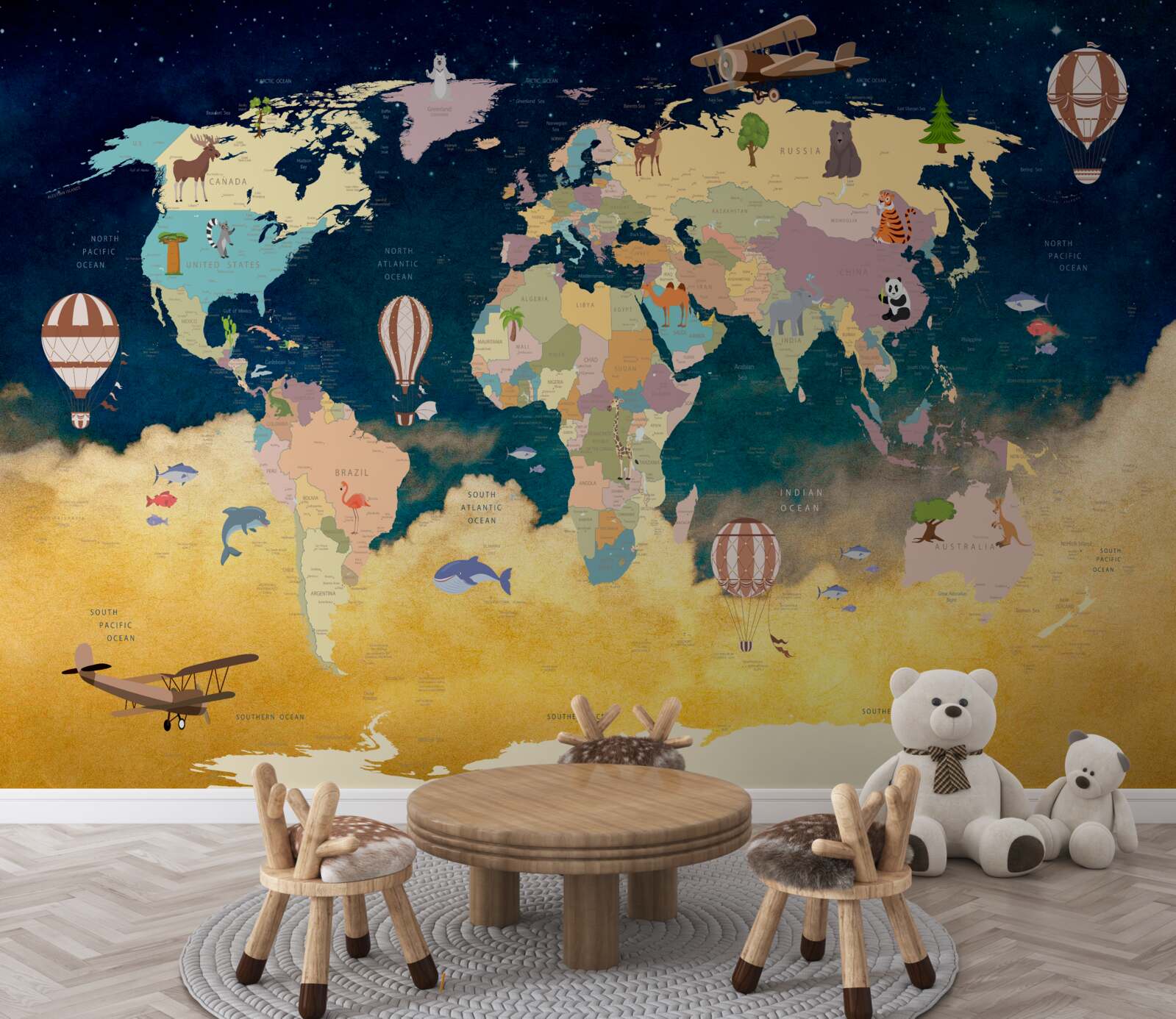 Фотошпалери карта світу в синьо-жовтих кольорах