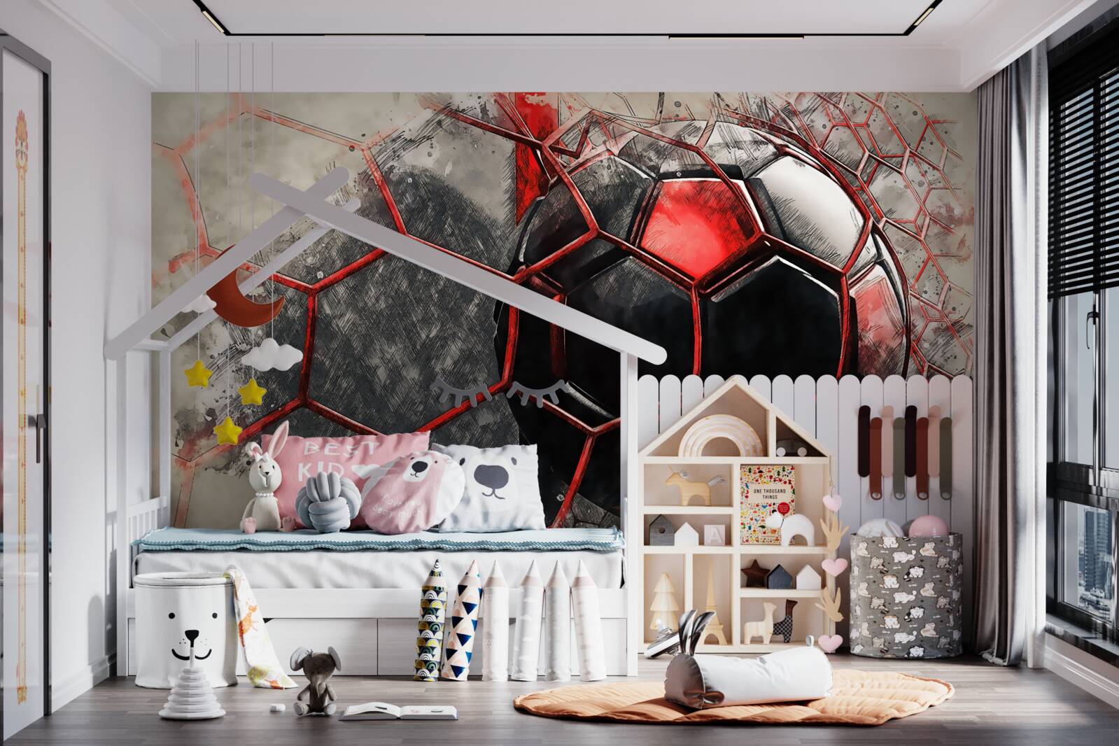 Фотошпалери сітка розірвана футбольним м'ячем