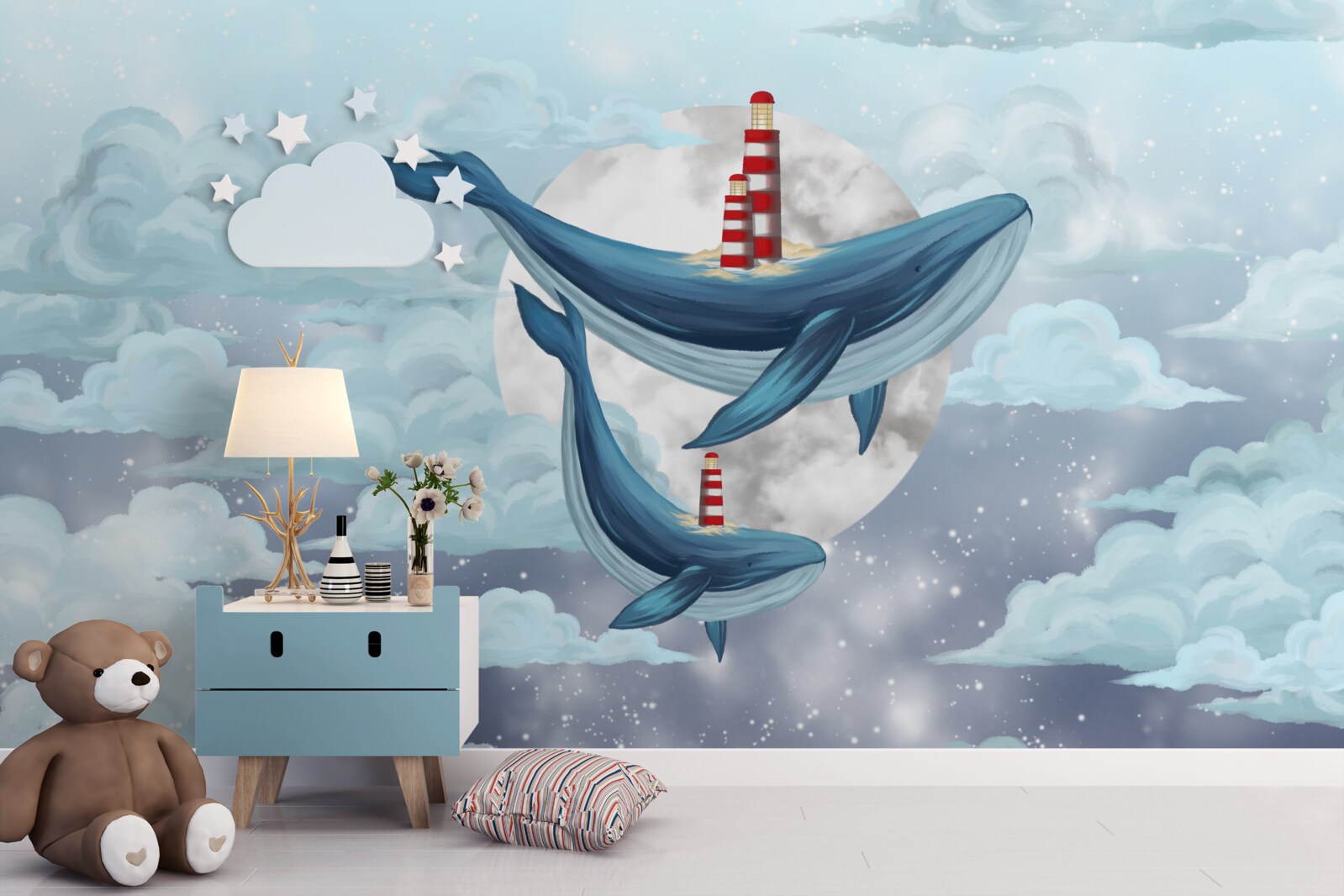 Фотошпалери кити на тлі хмарного місяця