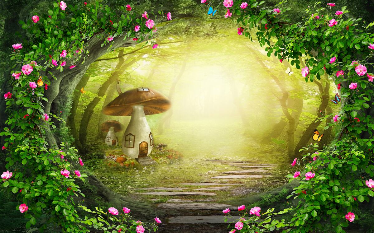 Фотошпалери грибний будиночок на світанку в лісі