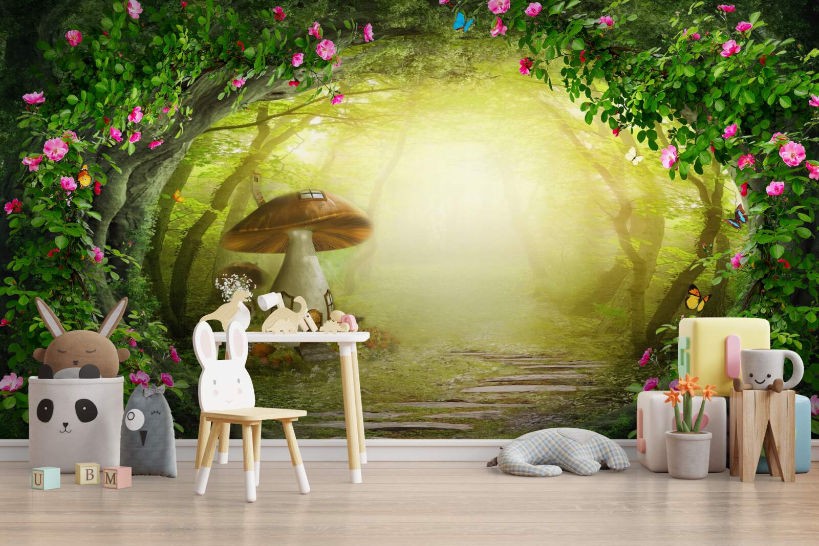 Фотошпалери грибний будиночок на світанку в лісі