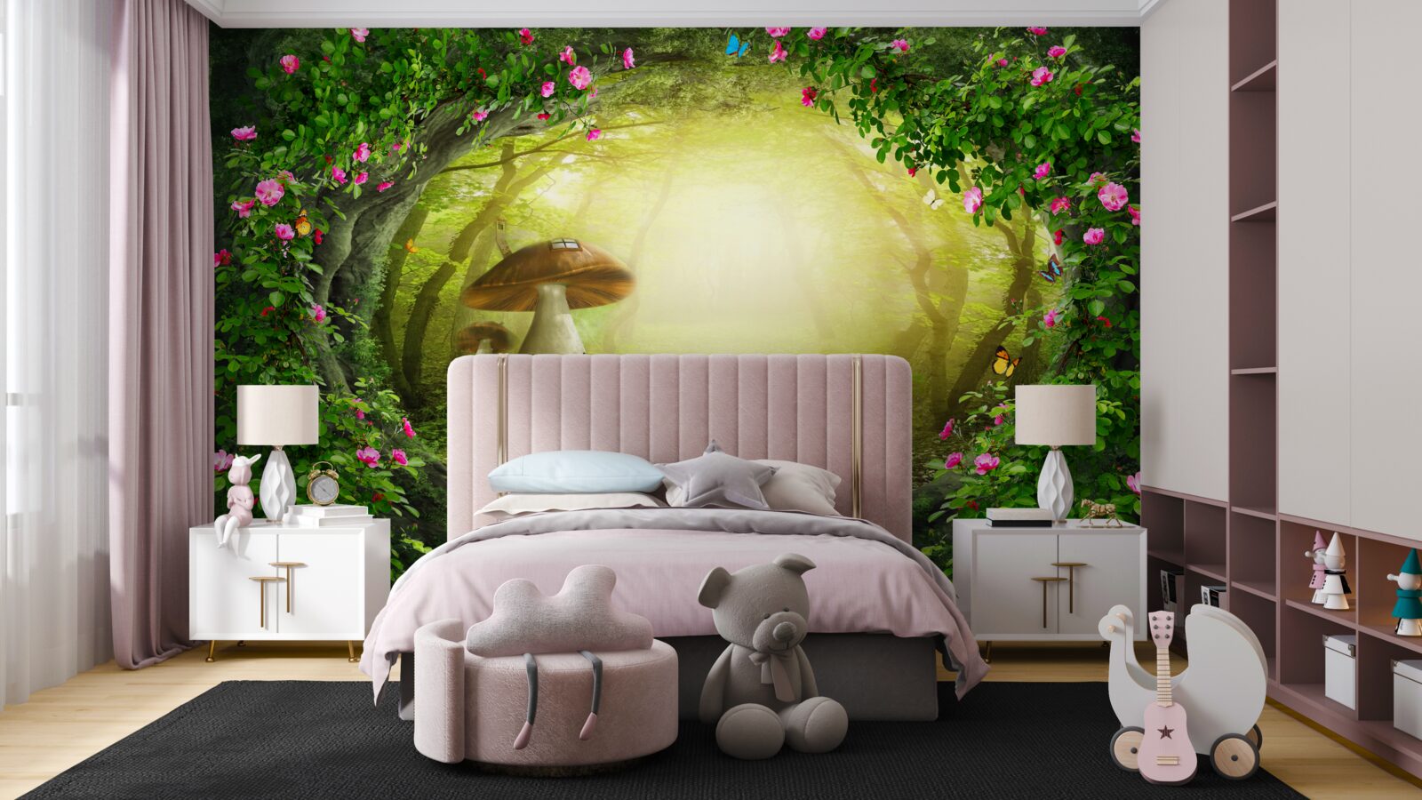 Фотошпалери грибний будиночок на світанку в лісі