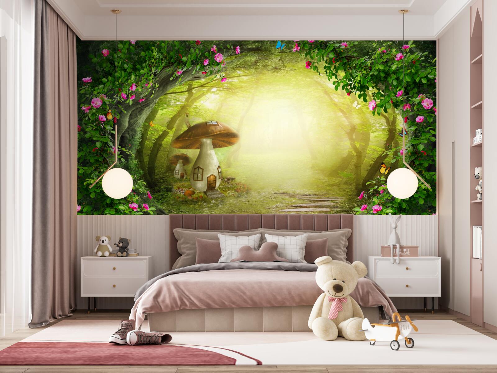 Фотошпалери грибний будиночок на світанку в лісі