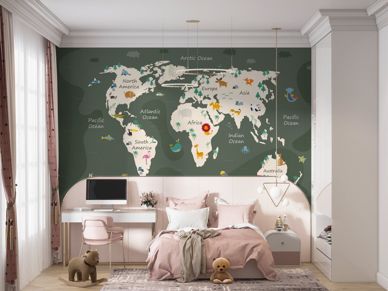 Фотошпалери нічна карта світу із зображеннями ключових тварин