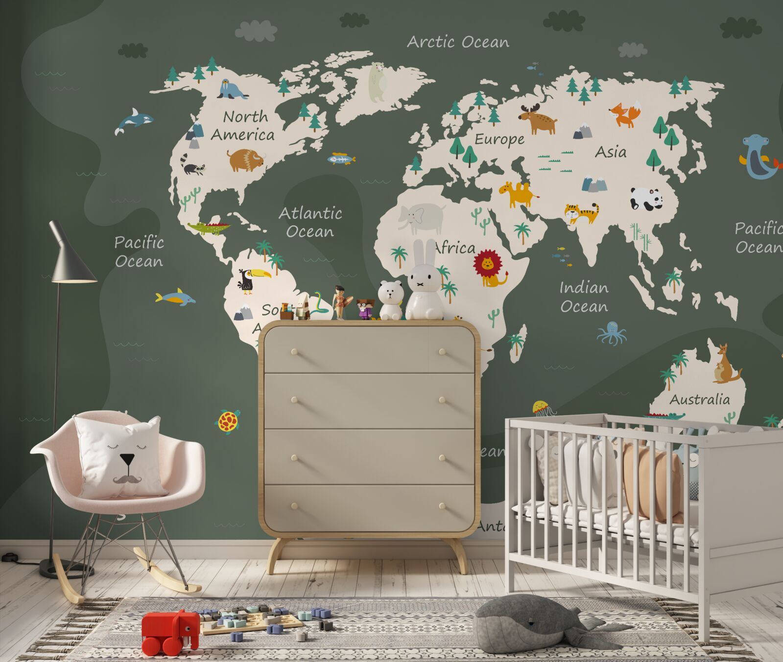 Фотошпалери нічна карта світу із зображеннями ключових тварин