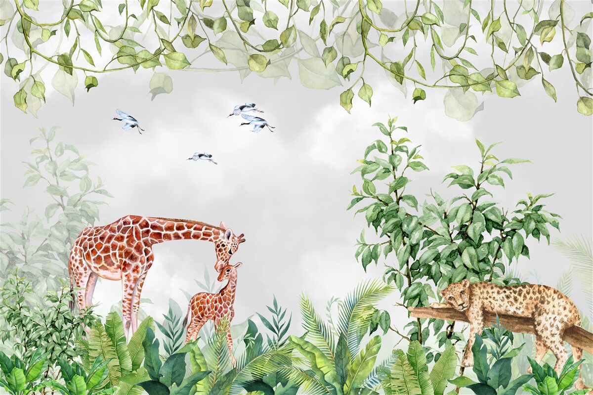 Фотошпалери тигри та жирафа відпочивають у джунглях