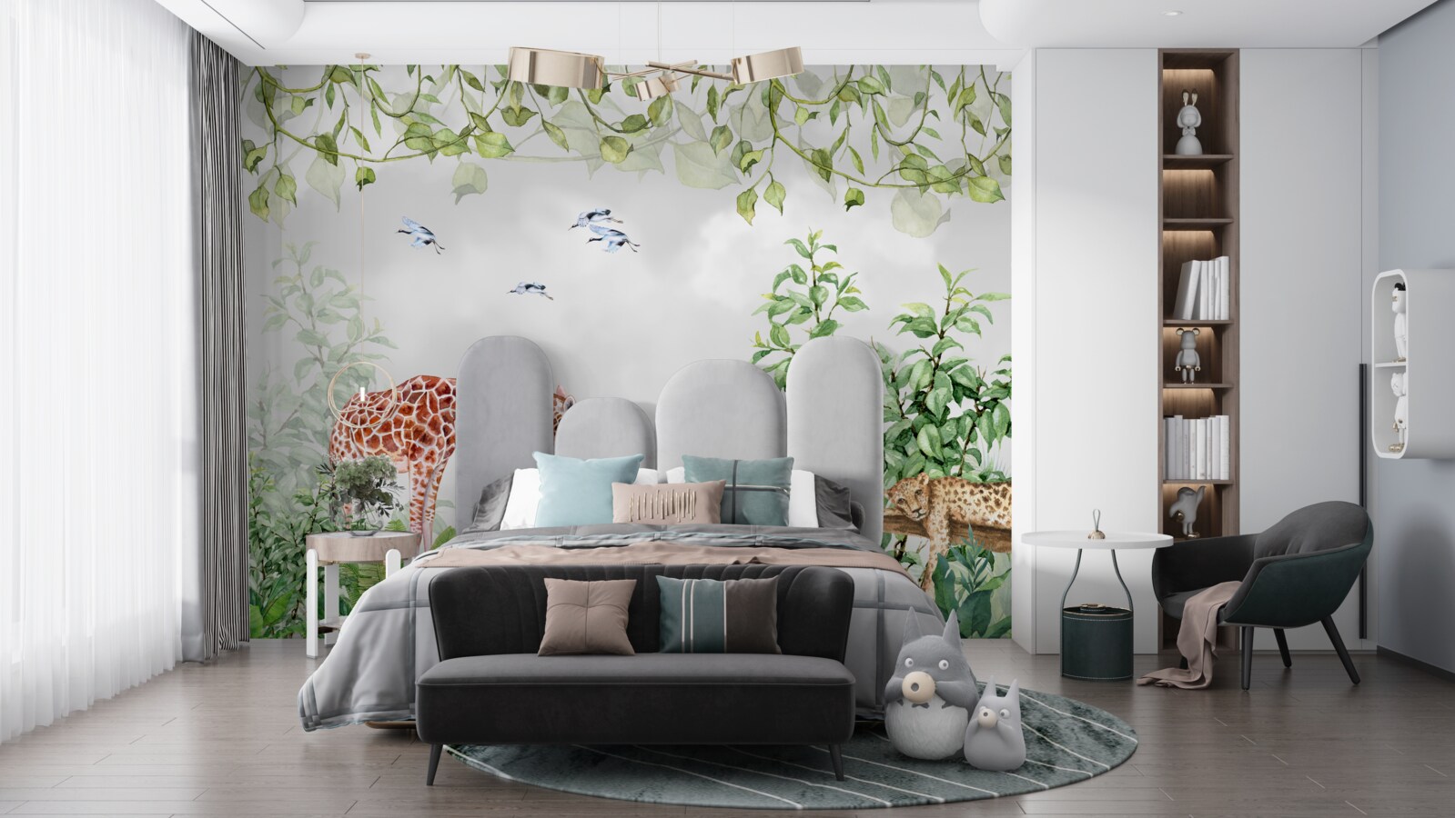 Фотошпалери тигри та жирафа відпочивають у джунглях