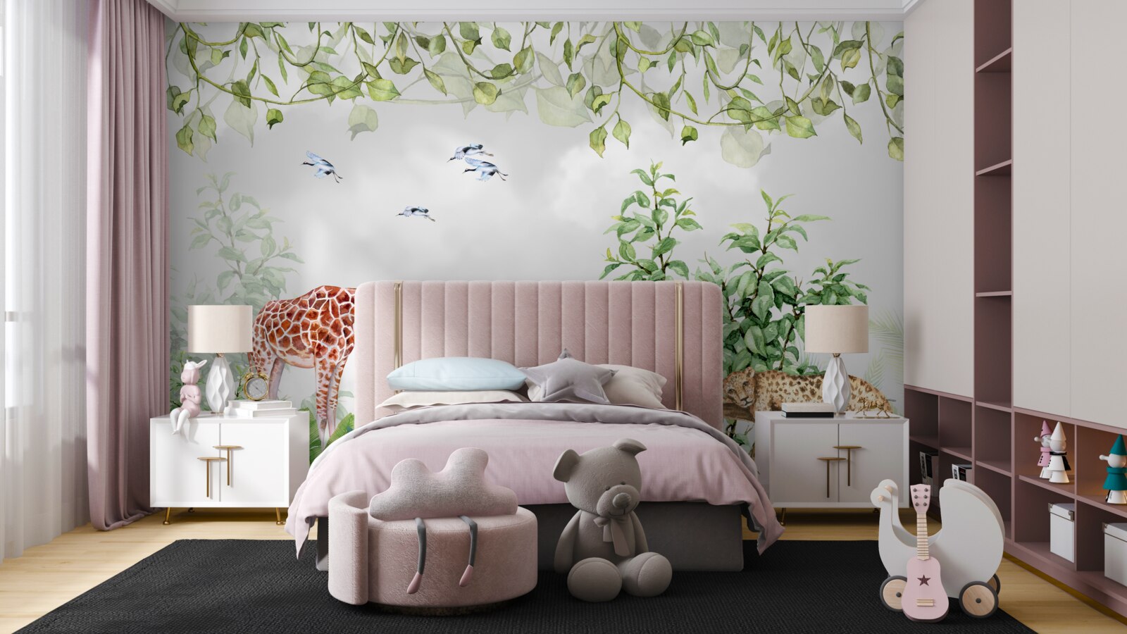 Фотошпалери тигри та жирафа відпочивають у джунглях