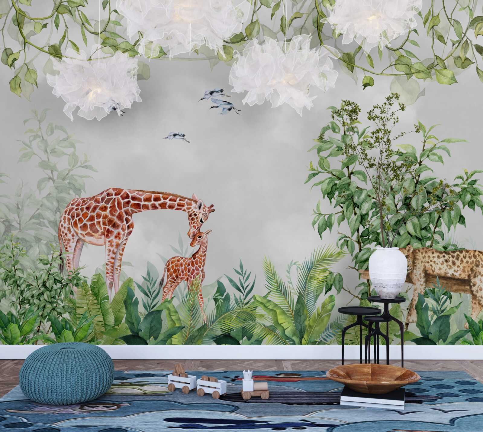 Фотошпалери тигри та жирафа відпочивають у джунглях