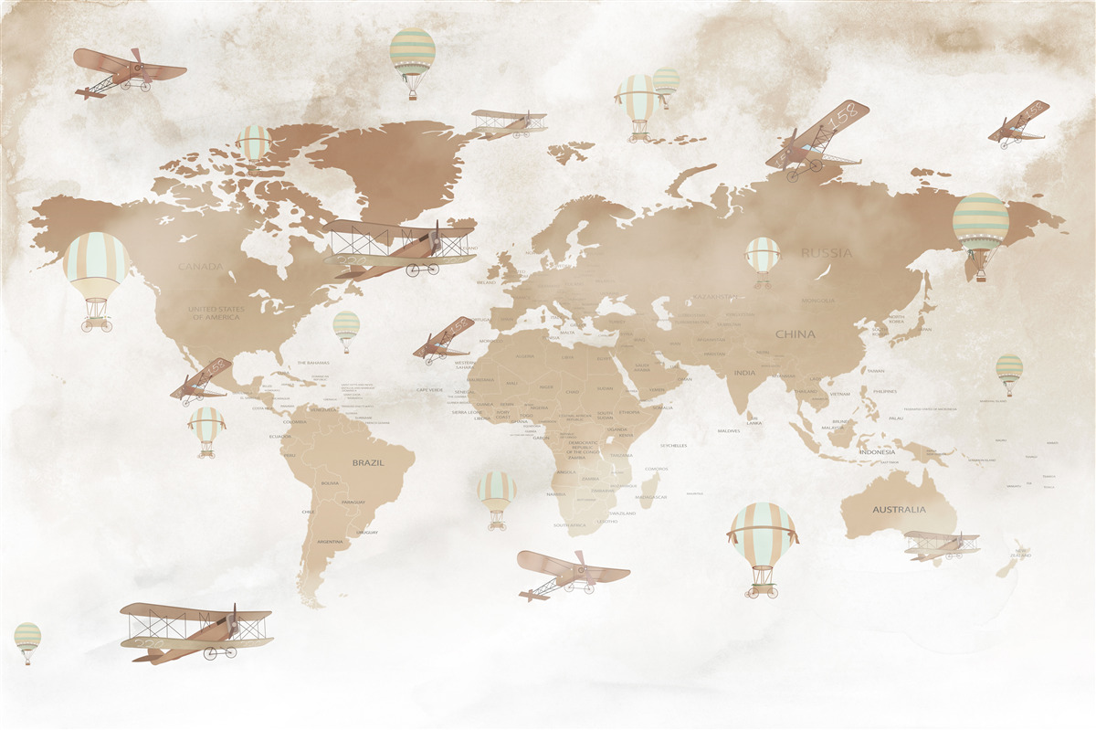 Фотошпалери коричнева карта світу із зображенням літаків