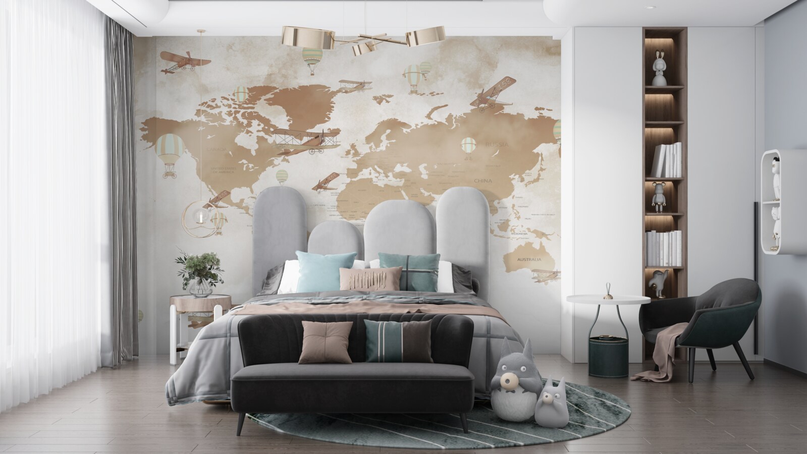 Фотошпалери коричнева карта світу із зображенням літаків