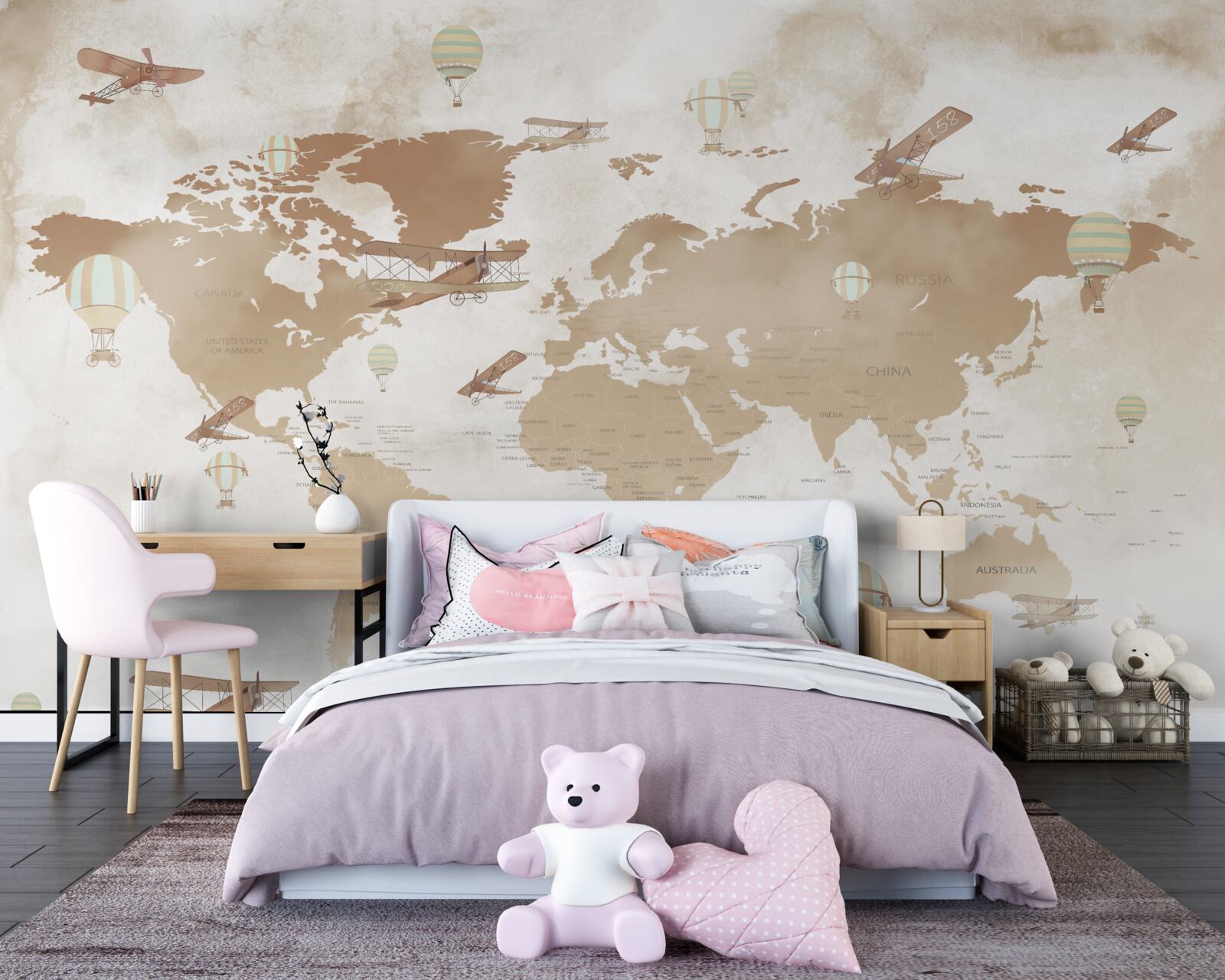 Фотошпалери коричнева карта світу із зображенням літаків