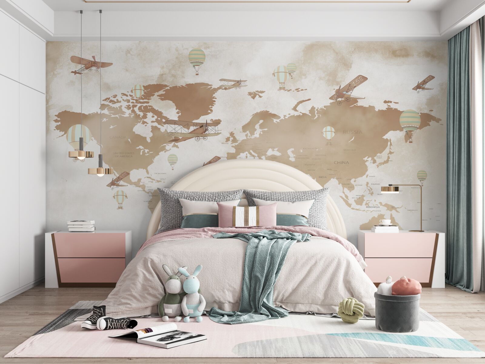 Фотошпалери коричнева карта світу із зображенням літаків