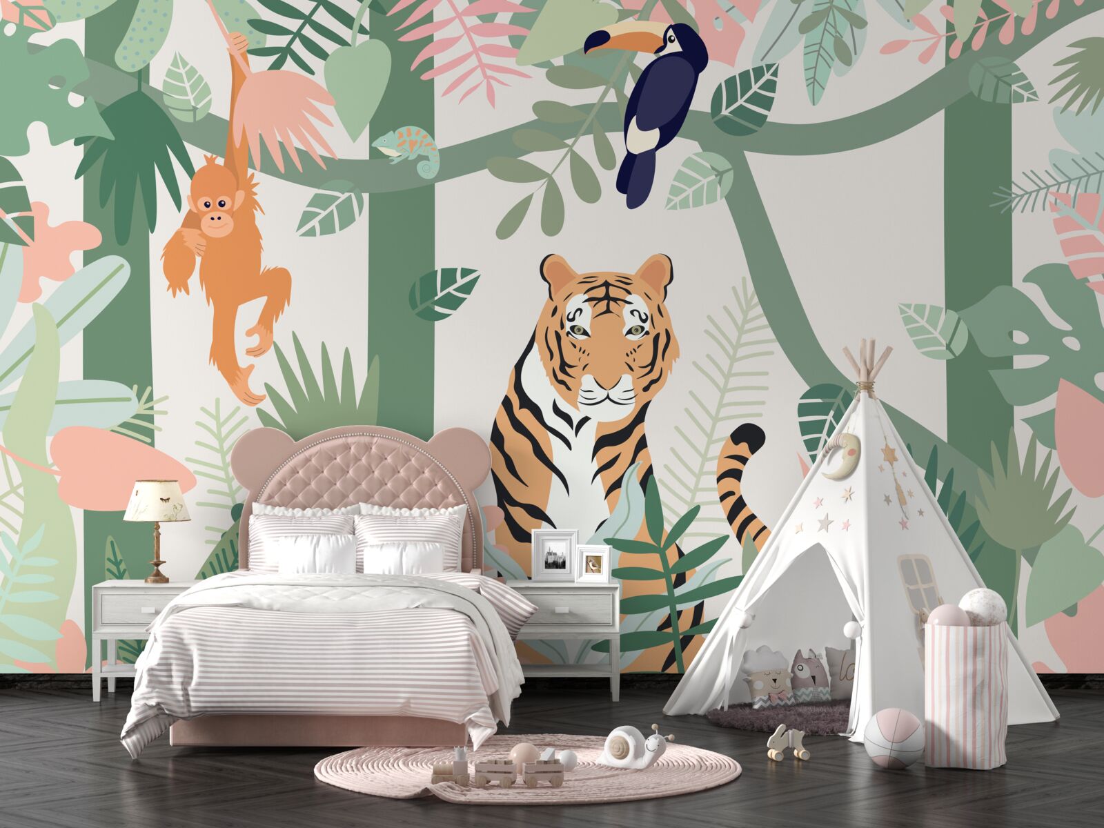 Фотошпалери тигр і його друзі в лісі