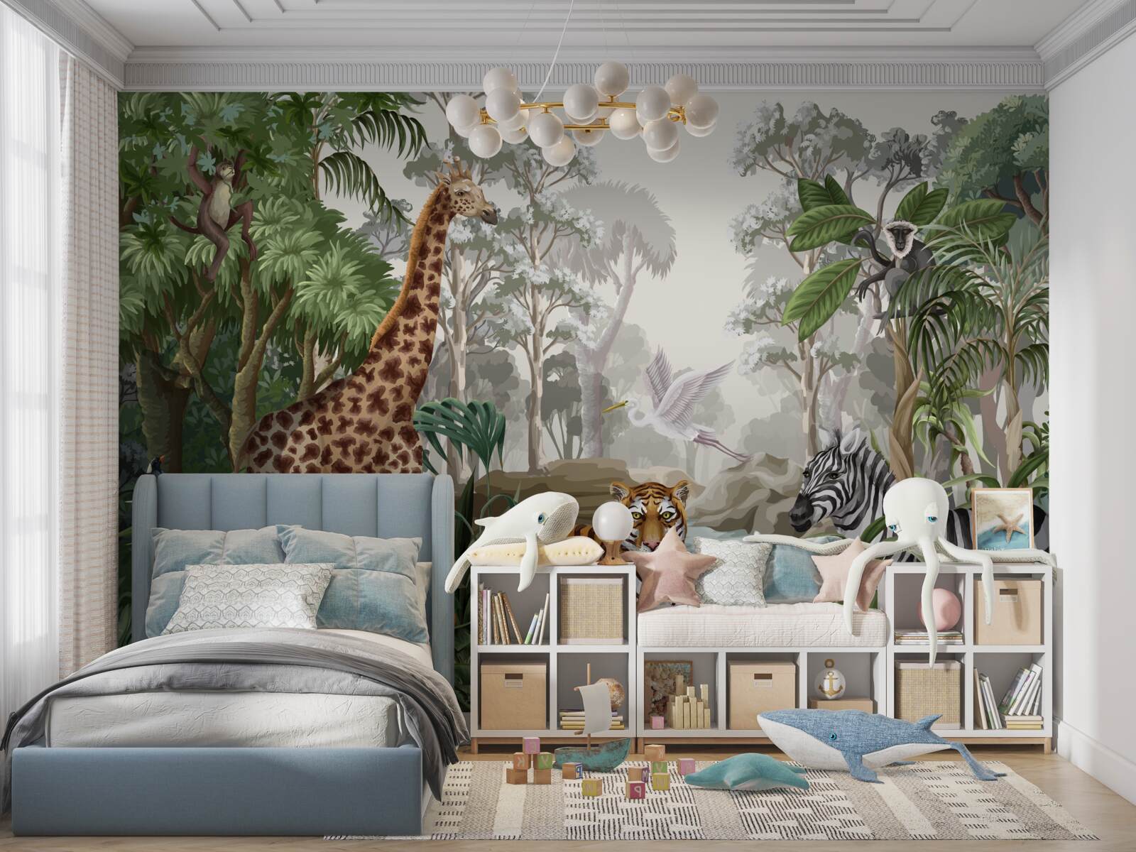 Фотошпалери Жираф, тигр і зебра в тропічному лісі