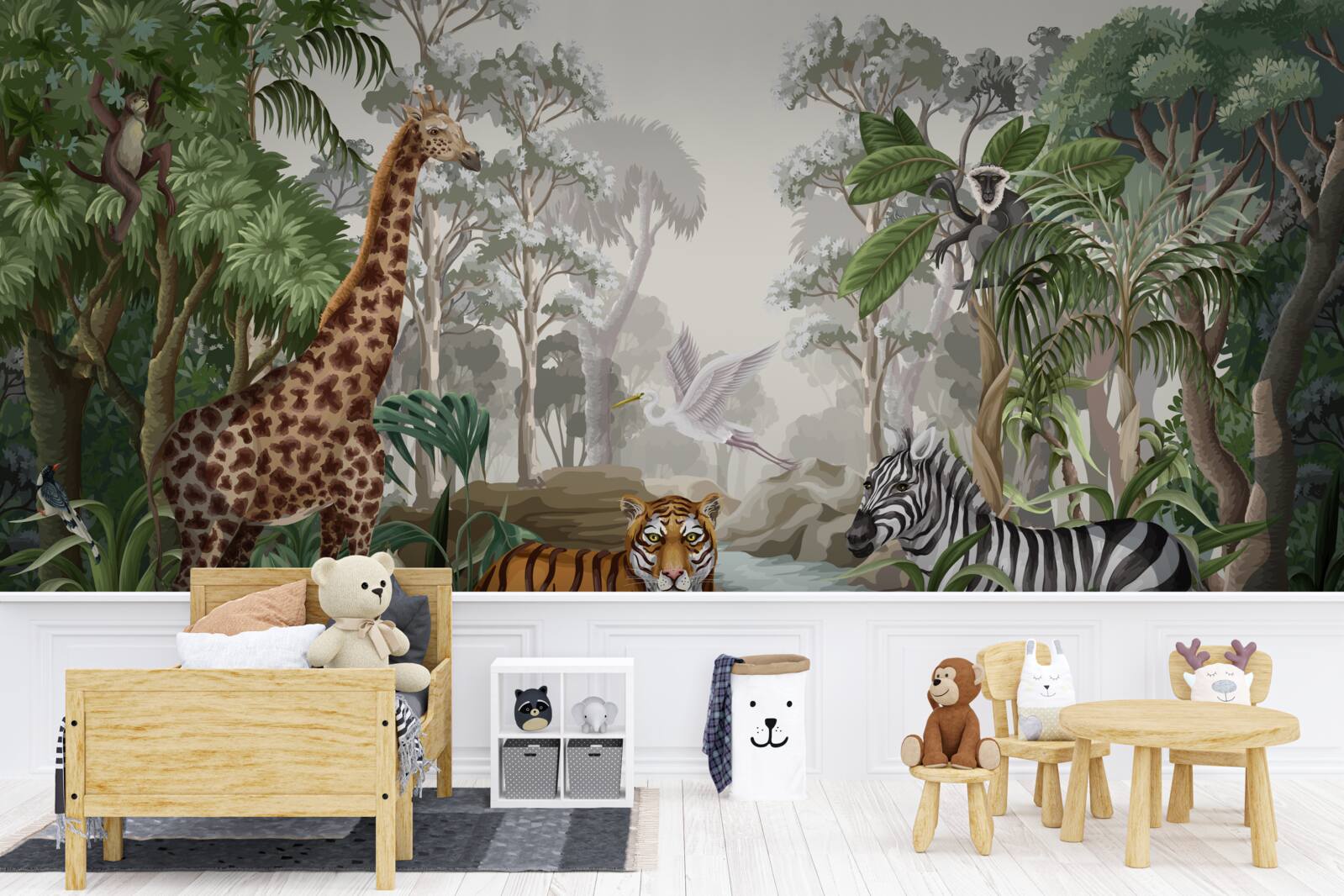 Фотошпалери Жираф, тигр і зебра в тропічному лісі