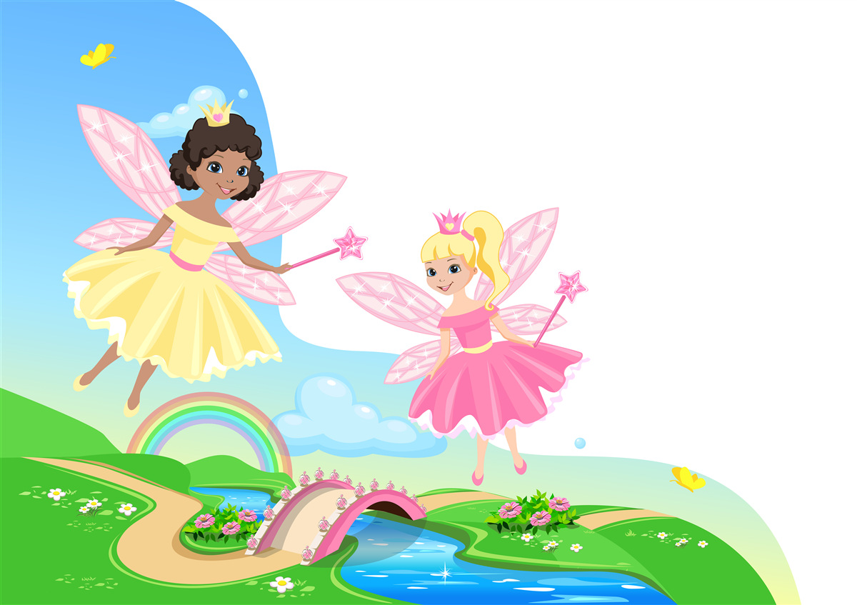 Фотошпалери чарівні феї над аркою мосту та веселковою аркою