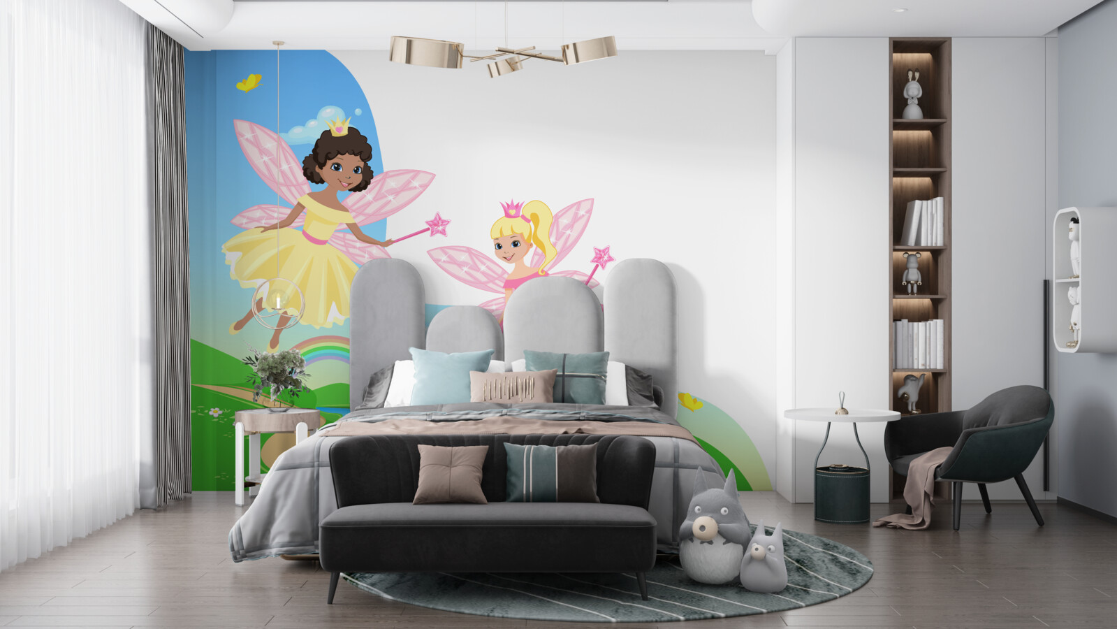 Фотошпалери чарівні феї над аркою мосту та веселковою аркою