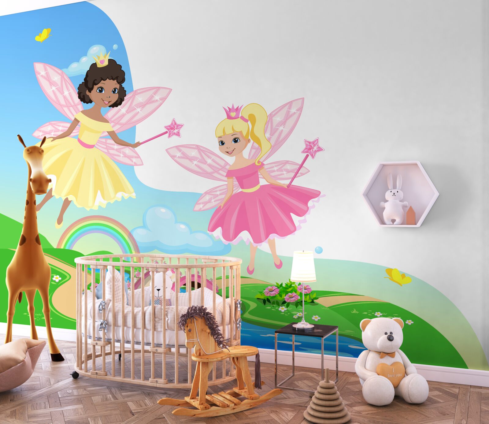 Фотошпалери чарівні феї над аркою мосту та веселковою аркою