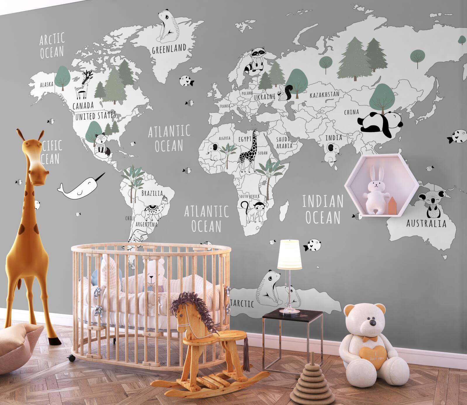 Фотошпалери карта світу в білому кольорі, прикрашена пандами